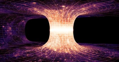 “ภาพกราฟิกอุโมงค์กาลอวกาศรูหนอน (Wormhole) สีฟ้า-ม่วง หมุนวนท่ามกลางดวงดาวและกาแล็กซี สื่อถึงประตูสู่การเดินทางข้ามจักรวาล”